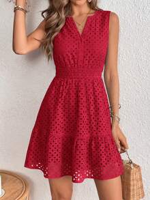 PRETTYGARDEN Women's Summer Dress Sleeveless V Neck Eyelet Cutout Swinging A-Line Flowy City Walks Wedding Guest Graduation Beach Vacation Sun Dress - 紅色 - 查看 5