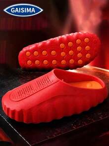 GAISIMA Men's Contrast Color Hollow Breathable Thick Sole Slide Sandals, Unisex Perforated Street Style Height-Increasing Slippers, Suitable For Summer Outdoor, Daily, Bathroom Wear - Red - View 2
