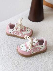 1 Pair Baby Girls' Retro Floral Soft Sole Casual Sneakers, Versatile Board Shoes - Pink - View 3