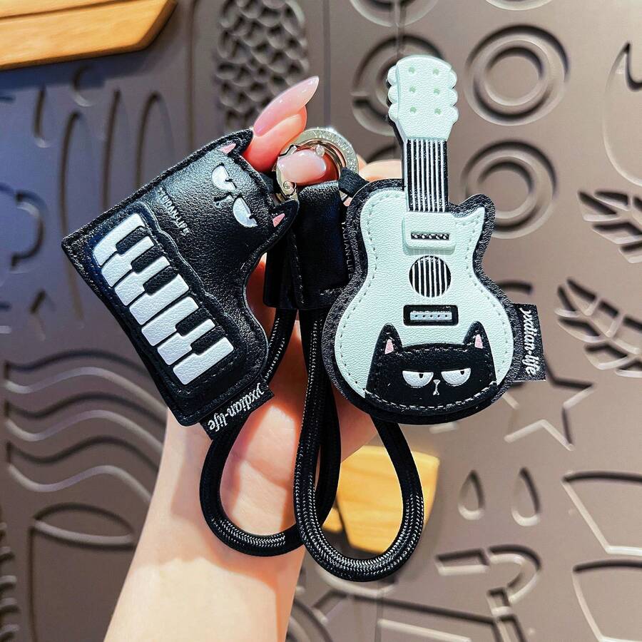 Cute Cartoon Black Cat Guitar Keyboard Keychain, Pu Leather Music Instrument Bag Charm, Rock Style Backpack Pendant Key Accessories For Music Lovers - Leather Cat Musical Instrument Pendant - Violin - View 1