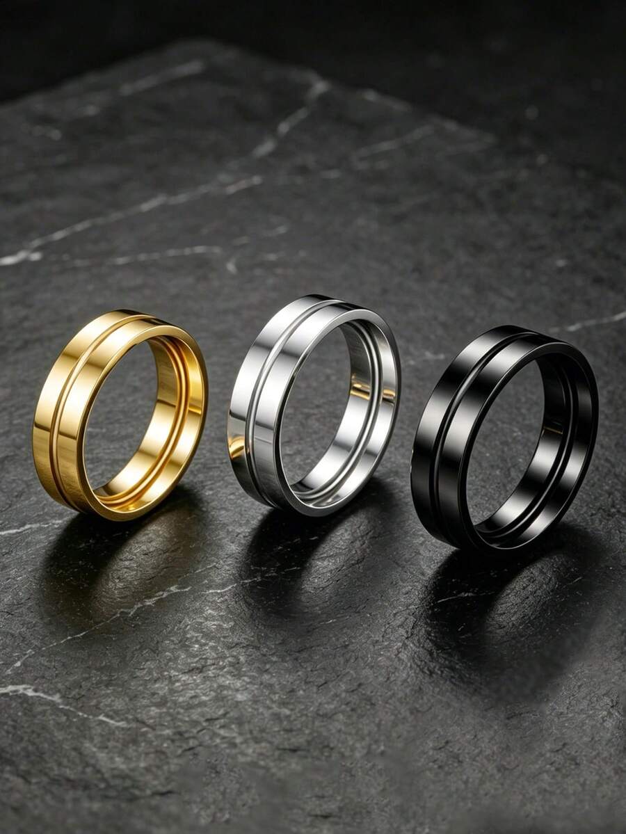 3 Pieces Set Minimalist Plain Band Stainless Steel Rings For Men, Non-Fade Men's Jewelry, Ideal For Daily, Party, Holiday & Birthday Wear - Multicolor - View 1