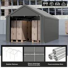 Carport Lagerzelt 3x6m Grau, verzinktes Stahlgestell, wasserdichte PE Plane, UV-Schutz, Seitenwände - 3 x 6 m - Übersicht 4
