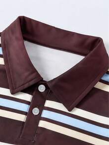 1pc Tween Boys Casual Versatile Vintage Classic Collegiate Style Three-Color Striped Fashion Design Long Sleeve Small Collar Loose Fit POLO Sweatshirt Spring/Autumn - Brown - View 3