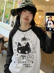 Y2K Sweet & Cool Style Raglan Long Sleeve T-Shirt For Women, Loose Fit Slimming Cute Cat Print Long Sleeve Top - White - View 2