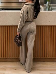 MORI Autumn/Winter Light Khaki Half-Zip Cropped Sweater & Pants 2 Pieces Set Women's Outfit For Coffee Date - Oat - View 5