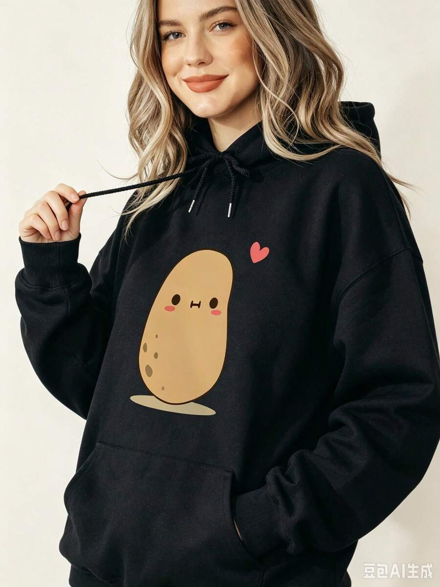 Cute Little Potato Print Hoodie Sweatshirt Fashionable Hooded Sweatshirt - 黑色 - 查看 1