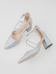 Pointed Toe Chunky High Heel, Rhinestone Decor Elegant Noble Suitable For Banquet Party Wear, Fashionable Versatile Hollow Women's Shoes. Black High Heels Red High Heels. - Silver - View 7