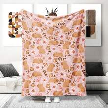 1pc Pink Capybara Floral Flannel Blanket, Light Pink Background With Cute Capybara And Minimalist Flower & Leaf Pattern, Gentle Healing Cartoon Ins Style Sofa Bedroom Home Decor Throw Blanket - Multicolor - View 2