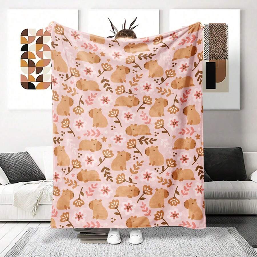 1pc Pink Capybara Floral Flannel Blanket, Light Pink Background With Cute Capybara And Minimalist Flower & Leaf Pattern, Gentle Healing Cartoon Ins Style Sofa Bedroom Home Decor Throw Blanket