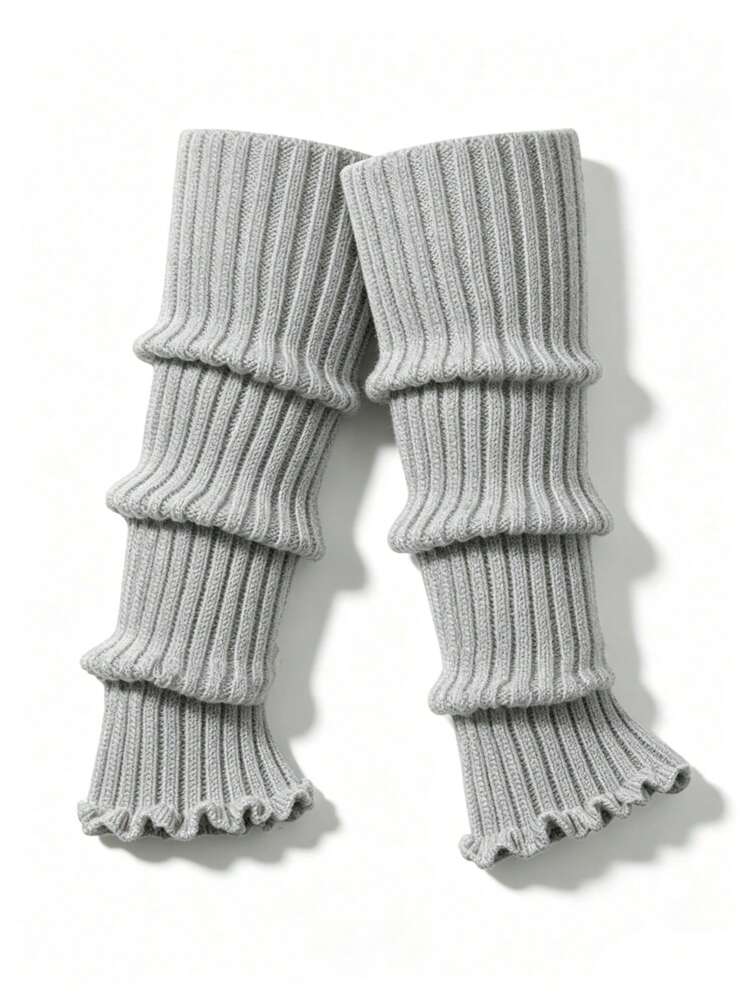 Women Solid Grey Ribbed Knit Leg Warmers, Ruffle Trim Slouchy Long Knitted Leg Covers Y2K Casual Stacked Leg Socks - Grey - View 8