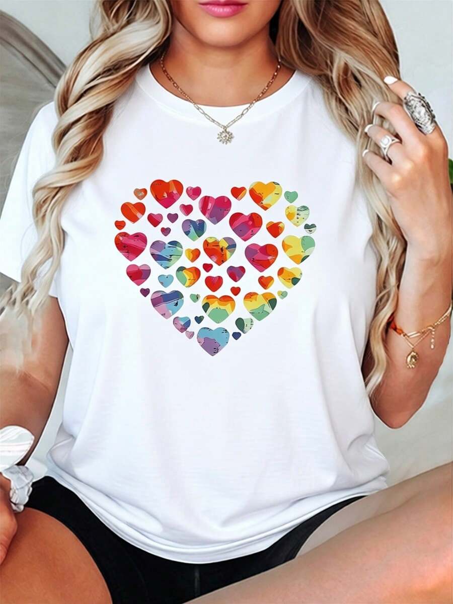 Women's T-Shirt, Featuring Colorful Graffiti Heart Print, Round Neck Design, Casual Style, Suitable For Spring And Summer Wear, Very Suitable For Matc - 白色 - 查看 1