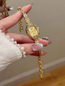 1件女款優雅金色手鍊腕錶，緊湊耐用時尚方形錶盤，迷人禮品選擇，適合日常佩戴 - 金色 - 查看 1