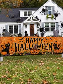 1pc Halloween Banner, Vintage Orange Happy Halloween Letters With Pumpkin, Ghost, Black Cat, Skeleton Monster Print, Suitable For Porch, Yard, Wall And Holiday Party Decoration - Vintage Cartoon - View 3