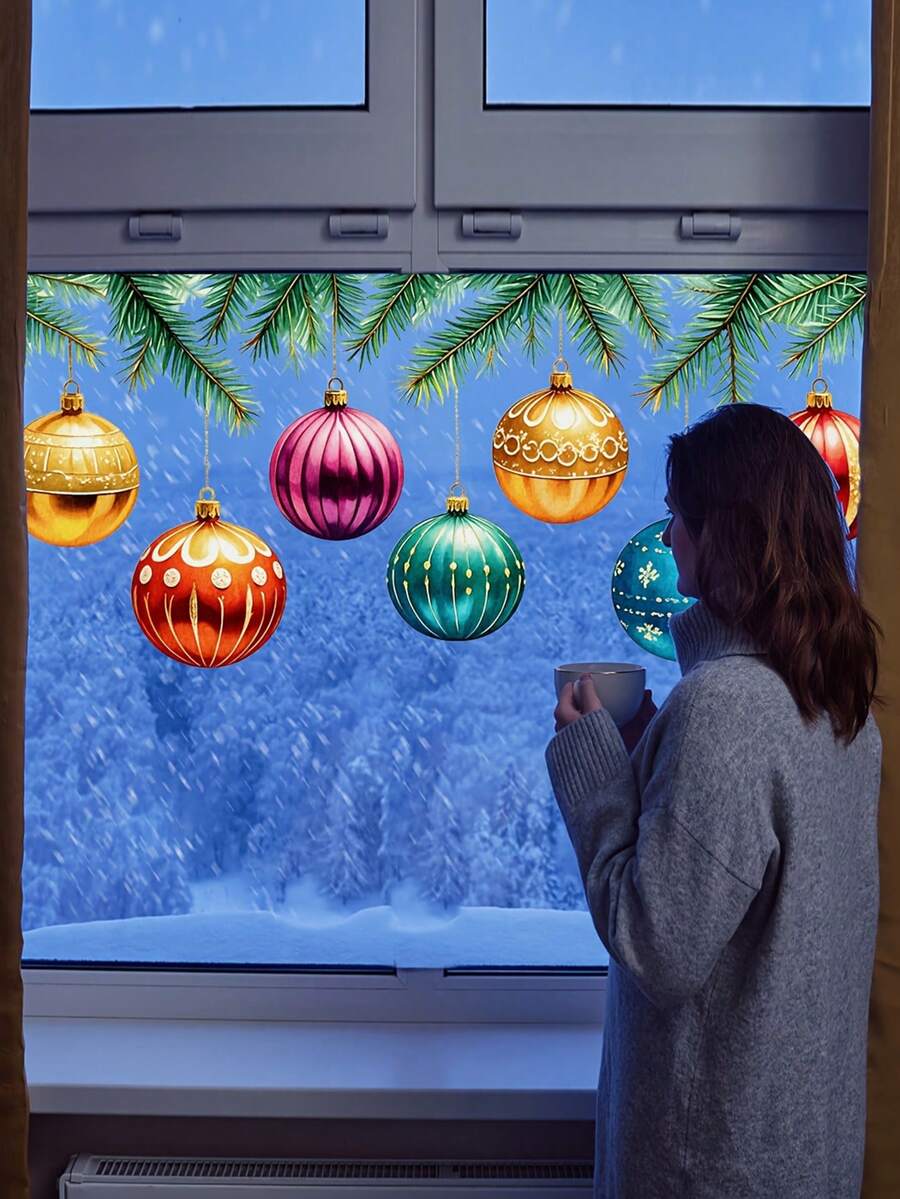 Decorative Glass Sticker For Windows Featuring Christmas Tree Branch Ornaments With Static Cling,Electrostatic Christmas Ball Leaf Home Modern Decoration Beautifying Bedroom Living Room Balcony Window Glass Sticker With Double-Sided Visual Pattern