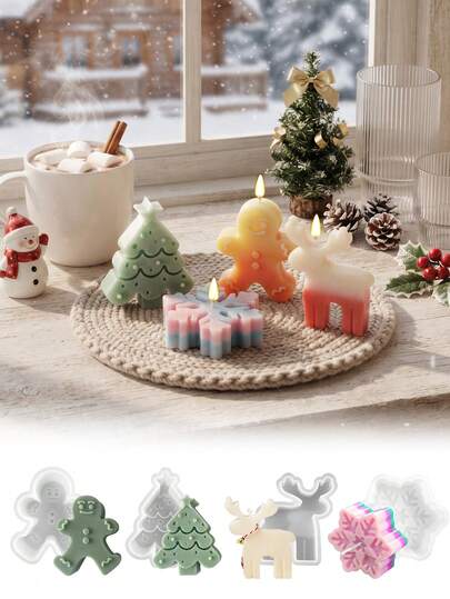 1pc Christmas Candle Silicone Mold,3D Christmas Tree,Snowflake,Reindeer,Gingerbread Man Silicone Molds,Reusable,For Christmas Decor,Handmade Gifts,Soap Aroma Beads Car Freshie,Pendant,Home Decor,Unique Souvenirs For Friends Or Familie(Four Styles)