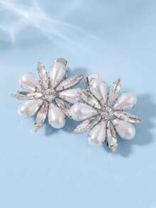 1 Pair French Style Silver Pearl Rhinestone Flower Hair Clips For Women, Daily Commute Updo Side Clips, Gentle Elegant Versatile Travel Photo Accessory, Exquisite Alligator Hair Clips - Silver - View 6