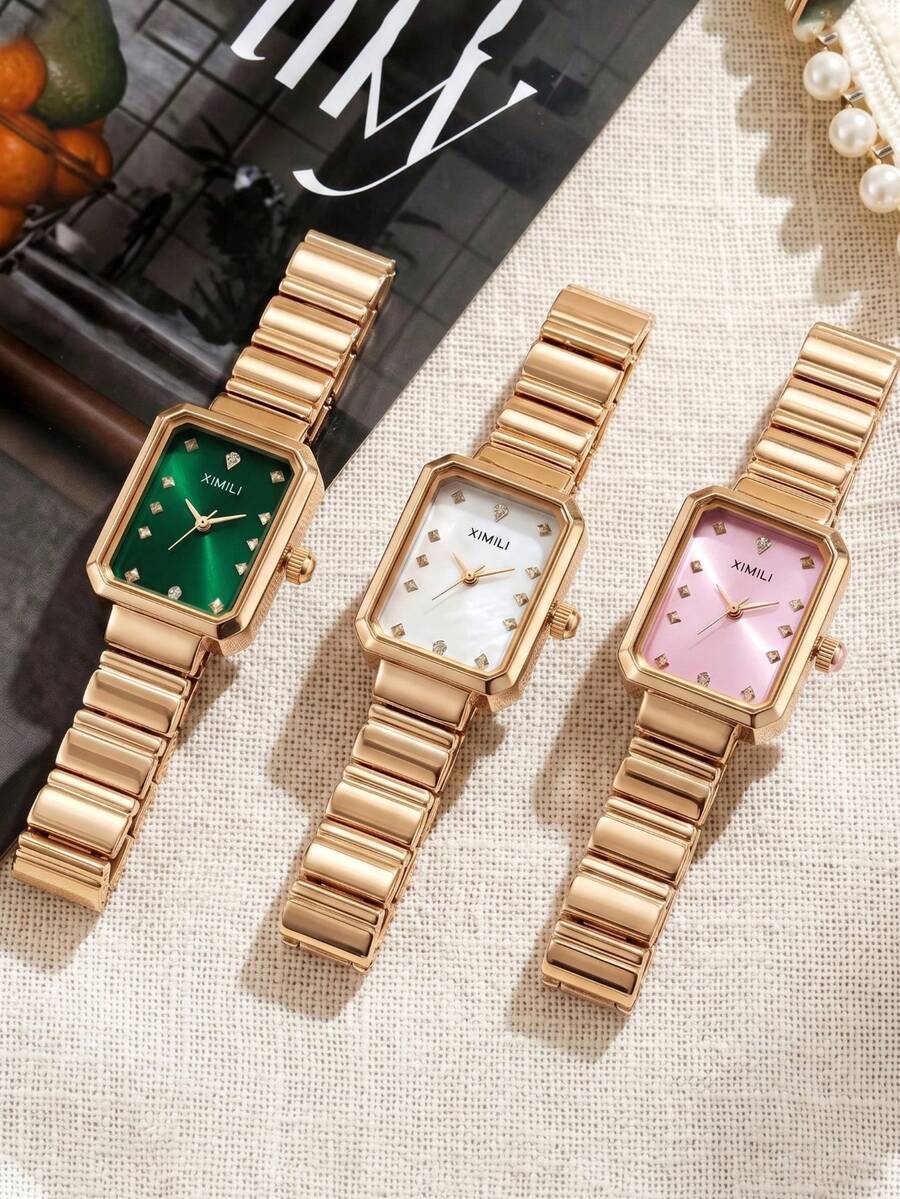 JUSMI 奢華白色方形石英手錶,金色金屬錶帶,閃亮裝飾,適合女性的完美禮物,聖誕節、母親節 - 白色 - 查看 1