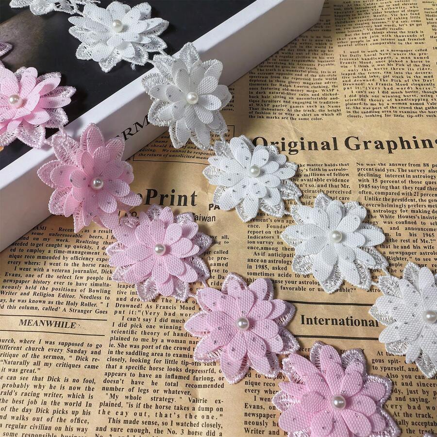 10 buah Pita Renda Manik Mutiara Bunga 3D, Lebar 5cm, Pita Dekoratif Renda Bunga untuk Gaun, Aksesoris Buatan Tangan DIY - beraneka warna - View 1