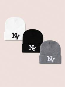 4pcs/Pack NY Solid Color Ski Hat Simple Knitted Beanie Hat For Women,Men Suitable For Daily Wear Casual - NY Neon Cap - View 4