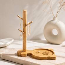 Natural Bamboo Jewelry Tree Stand With Integrated Tray For Necklaces, Bracelets And Keys, Decorative Tabletop Accessory Organizer, 29x27x15cm - Yellow - View 2