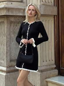VIBEWAVE Black Knitted Fitted Mini Dress, Contrast Ruffle Trim, Long Sleeve, Elegant Date Night Style - Black - View 4
