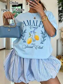 Women's Fall Amalfi Italy Lemon Graphic Tee, "AMALFI ITALY Social Club" Print, 180g Soft Slightly Stretch Cotton Round Neck Short Sleeve Casual Top - 淺藍色 - 查看 1