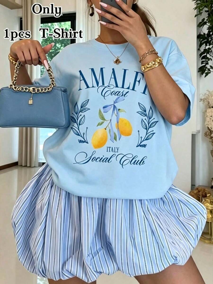 Women's Fall Amalfi Italy Lemon Graphic Tee, "AMALFI ITALY Social Club" Print, 180g Soft Slightly Stretch Cotton Round Neck Short Sleeve Casual Top - 淺藍色 - 查看 1