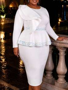 Curvy Women White Elegant Peplum Midi Dress Round Neck Long Sleeve Ruffle Sequin Trim Bodycon Formal Church Party Wedding Guest Fall Outfit - White - View 6