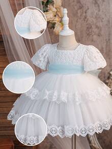 Baby Girls Square Neck Lace Embroidered Tulle Cute 1st Birthday Dress Suitable For Wedding Party, Fabric Pattern Randomly Cut, Headband Not Included - White - View 4