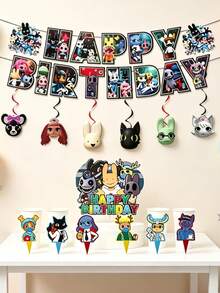 Rainbow Friends Theme Birthday Party Decoration Set, Happy Birthday Paper Banner Hanging Decor & Rotating Decoration & Decorative Picks, Cartoon Game Character Decoration Set, Suitable For Birthday Backdrop And Tabletop Decoration - YL-hP-301 - View 6