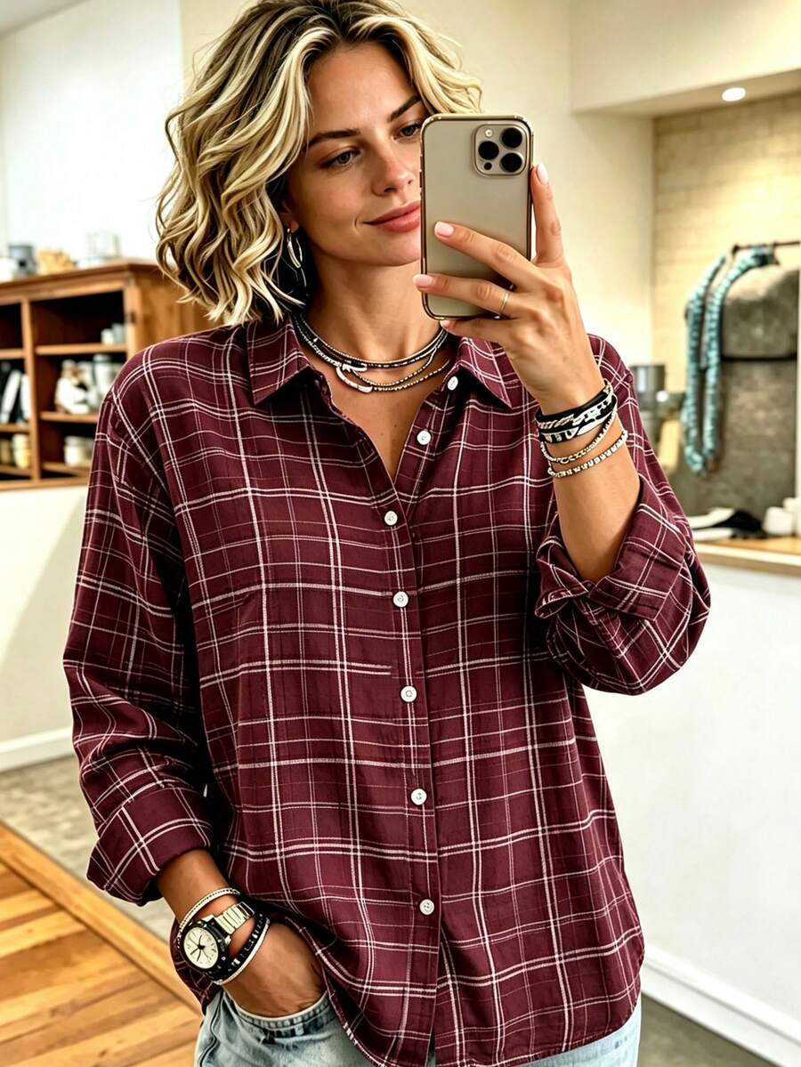 休閒時尚格紋印花女款大尺碼輕便長袖鈕扣襯衫