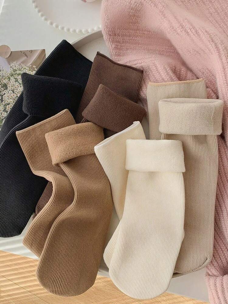 5 Pairs Random Women's Solid Color Thick Warm Casual Floor Socks Mid-Calf Home Socks - Multicolor - View 1