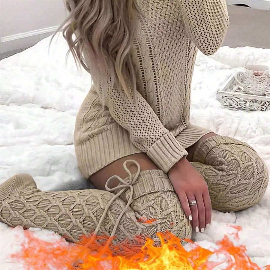 1 Pair Women'S Cable-Knit Over-The-Knee Socks With Pom-Poms And Drawstring – Extra-Long, Warm Winter Boot Socks – Sweet Style Leg Warmers – Cozy Casual Everyday Wear - Multiple Styles - View 1
