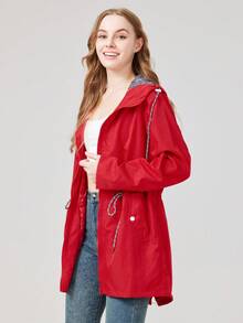 1件女款薄款防風夾克，條紋連帽設計，純色戶外休閒運動夾克，女款戶外休閒運動服，春秋款 - 紅木色 - 查看 4