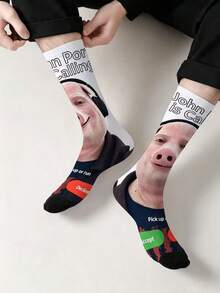 1 par de calcetines de media caña con estampado divertido de John Pork, calcetines creativos con interfaz de llamada entrante, calcetines largos de estilo callejero europeo y americano - Multicolor - Ver 2