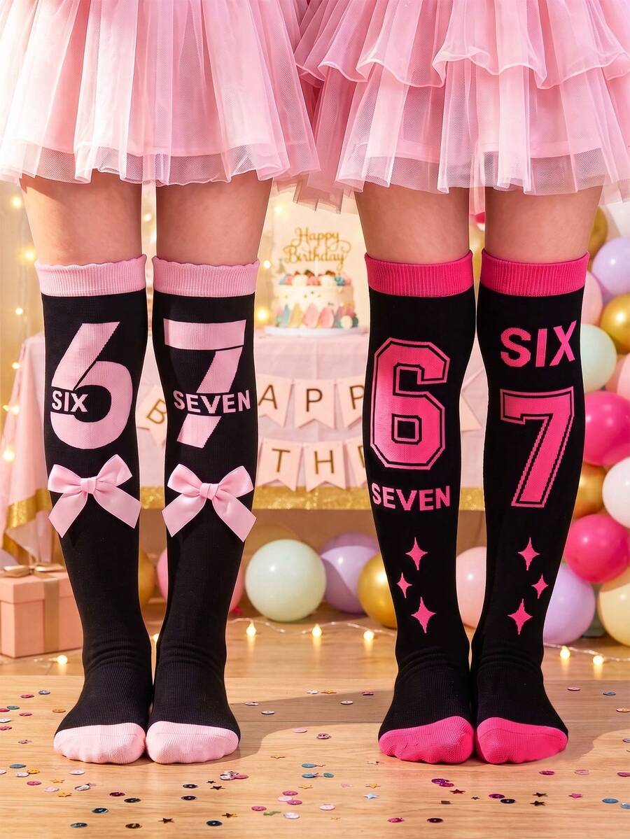 1/2 Pairs Girls Number 67 Print Bow Decor Knee High Socks, Pink And ...