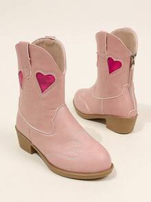 Children Heart Hollow Western Ankle Boots Back Zipper Chunky Heel Sweet Girl Fashion Boots - Pink - View 3