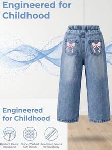 Young Girls Y2K Style Autumn/Winter Heart Embroidery Straight Leg Jeans With Back Pocket Bow Print, Versatile Casual Vintage Wide Leg Pants For Back To School And Daily Wear - Light Wash - View 2
