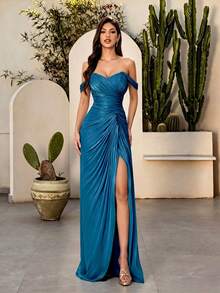 Gaun Malam Maxi Model Duyung Bodycon Belahan Tinggi dengan Detail Kerutan dan Potongan Sweetheart yang Elegan untuk Musim Gugur dan Musim Panas, Cocok untuk Pesta, Pernikahan, Tamu Prom. - Teal Blue - View 6