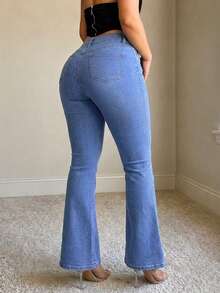 Plus Size Y2K Washed Denim Flare Jeans, Medium Stretch Long Bootcut Pants, Casual Wear Denim Jeans - Blue - View 3