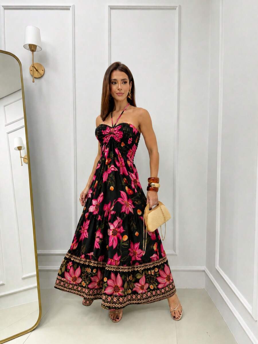 Long Dress With Three-Tier Smocked Bodice, Multi-Way Neck Tie, Front-Only Boho Elegant Style, Ruched, Floral Hem With Ruffle, Backless, Wedding 09 - 黑色和粉紅色 - 查看 1