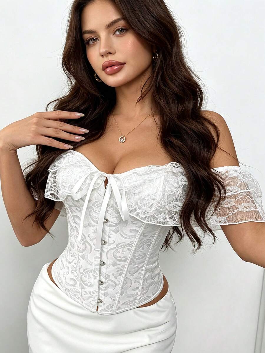 RAHQ Atasan Jacquard Putih Off-Shoulder dengan Patchwork Renda dan Pinggang Ramping - Pakaian Romantis untuk Pengantin & Liburan, Cocok untuk Acara Pantai dan Brunch di Musim Panas - Putih - View 1