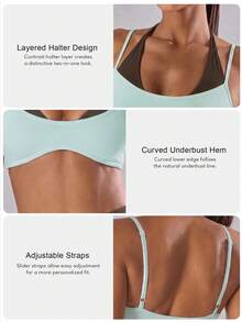 Sodalemon Women's Colorblock 2 In 1 Sports Bra, Adjustable Spaghetti Strap Halter Neck Yoga Fitness Top, Gym Workout Pilates Activewear - Baby Blue - View 3