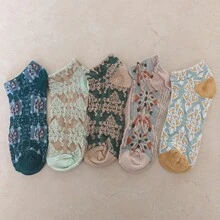 5 Pairs Mixed European & American Style Vintage Thin Socks, Embossed Palace Style, Korean, Japanese, Boat Socks, Summer - Multicolor - View 7