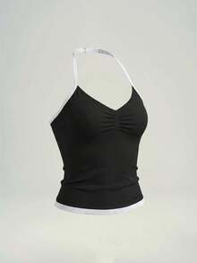 UONNOU 1pc Women's All-Season Spaghetti Strap Camisole, Shaping, Adjustable Straps, Removable Padding, Sporty Style, Black, Summer - Black - View 2