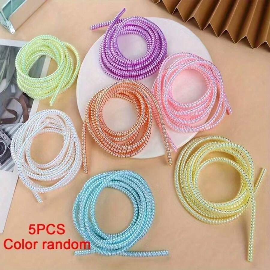 5pcs Random Color Spiral Cable Protector, Charger Cable Protector Data Cable Protector Sleeve Charger Cover, Earphone Cable Protector Suitable For Phone Earphone USB Data Cable Charger Protector Sleeve, Cable Sleeve