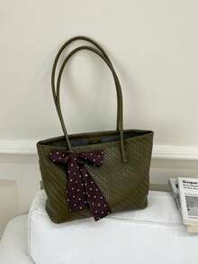 Women's Tote Shoulder Bag, Solid Color Polka Dot Bow Ribbon Decor, Large Capacity, Minimalist Elegant Style, Daily Commute Shopping Handbag - Green - View 8