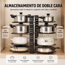 Adjustable Black Carbon Steel Pot And Pan Organizer, Double-Sided 8-Tier Kitchen Storage Rack For Cabinets And Countertops, 42x20x54.5cm - 黑色 - 查看 3