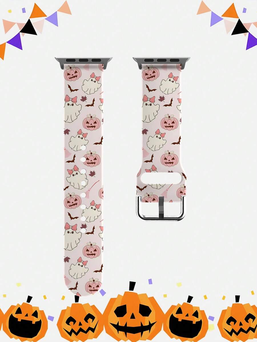 1pc Pink Pumpkin & Ghost Pattern Halloween Holiday Watch Band Accessory, Silicone Strap Compatible With Apple Watch 38/40/41/42/44/45/46/49mm, Cute & Quirky Style Women's Smartwatch Band, Suitable For Apple Watch Ultra Series S11/S10/SE/9/8/7/6/5/4/3/2/1 Smartwatch Band Accessory, Soft Elastic Comfortable Breathable Wristband Replacement Silicone Strap - Multicolor - View 1