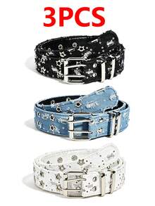 3pcs Punk Style Star Double Breasted Belt, Korean Version Jeans, Fashionable Decorative Pants Belt, Corns Belt - 3-piece Black + Blue + White - View 11